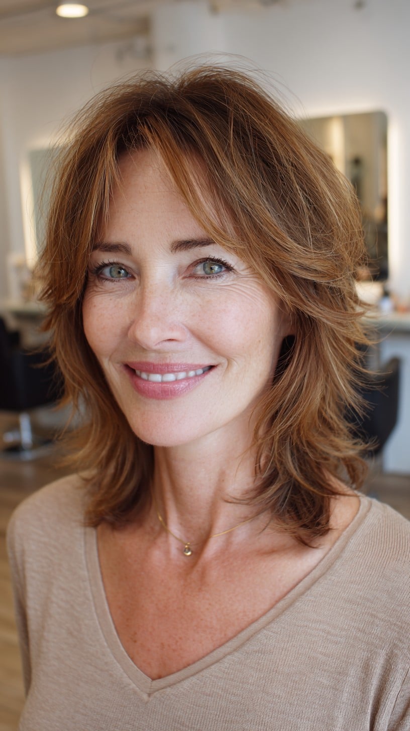Caramel Feathered Mid-Length Shag with Soft Curtain Lift