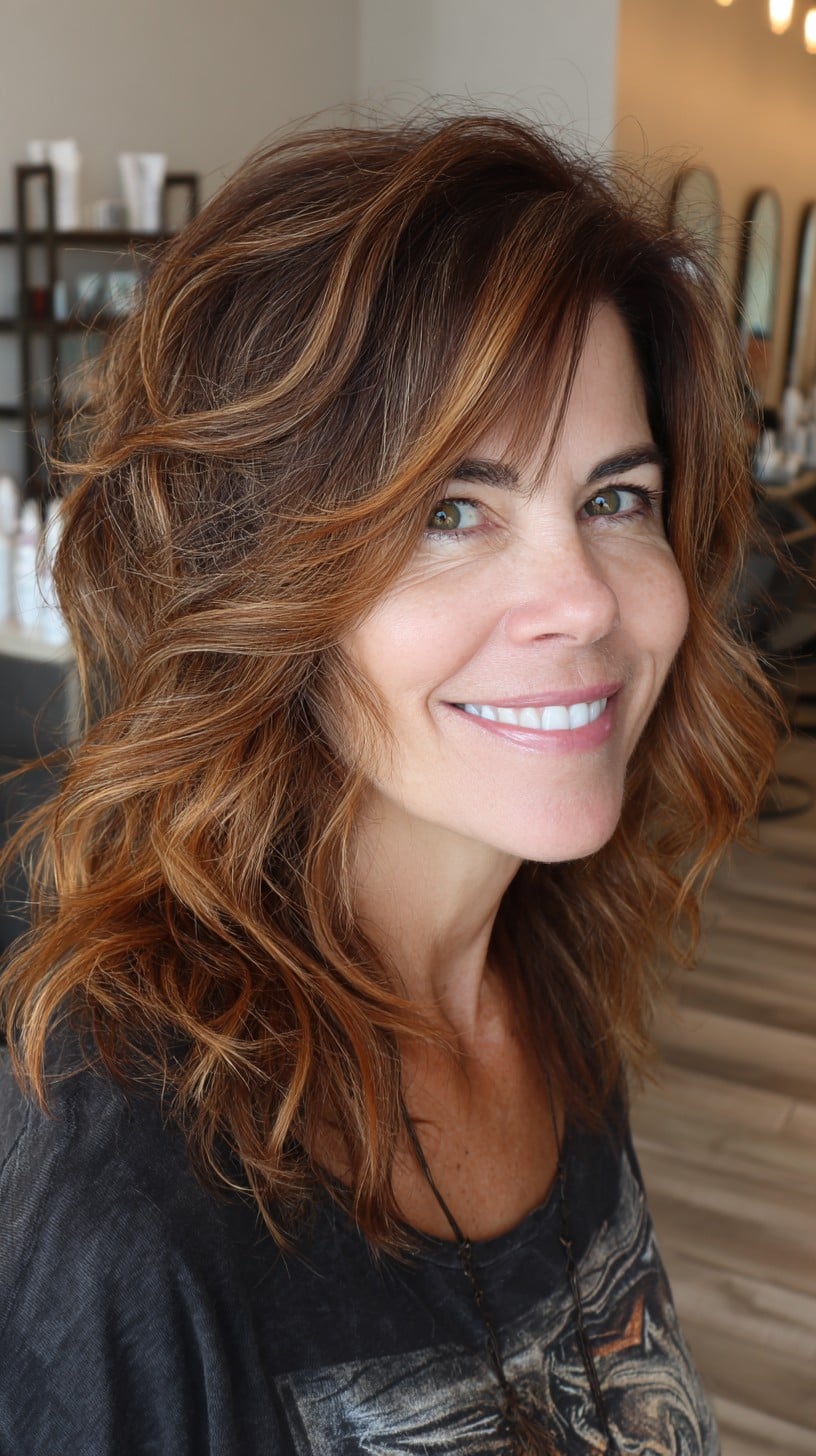Caramel Root-Shadowed Medium Shag with Curtain Lift and Razor-Textured Ends