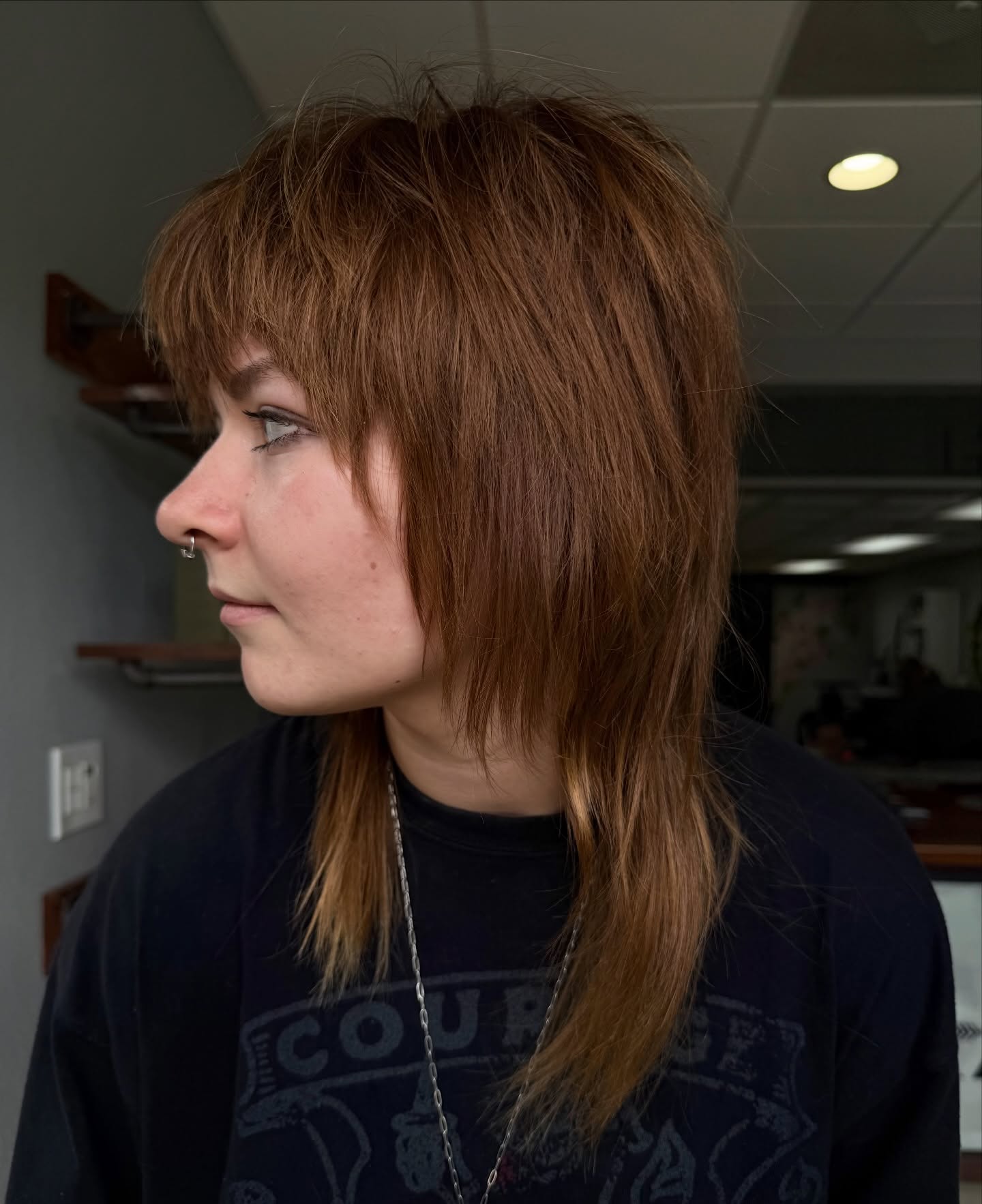 Chestnut Feathered Mullet with Blunt Micro-Bang and Front Peekaboo Panels