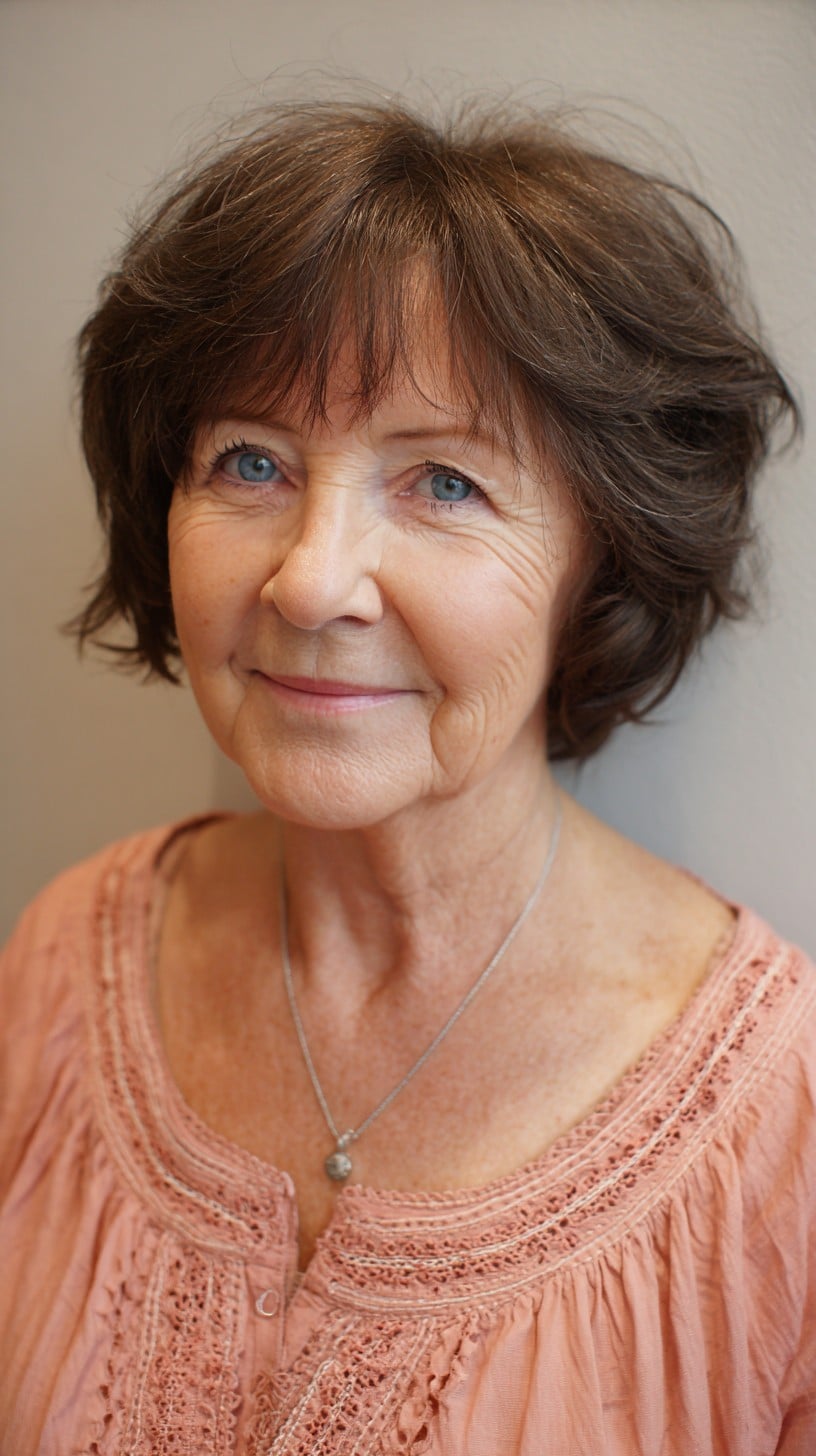 Chestnut Feathered Shag Bob with Micro Curtain Bangs