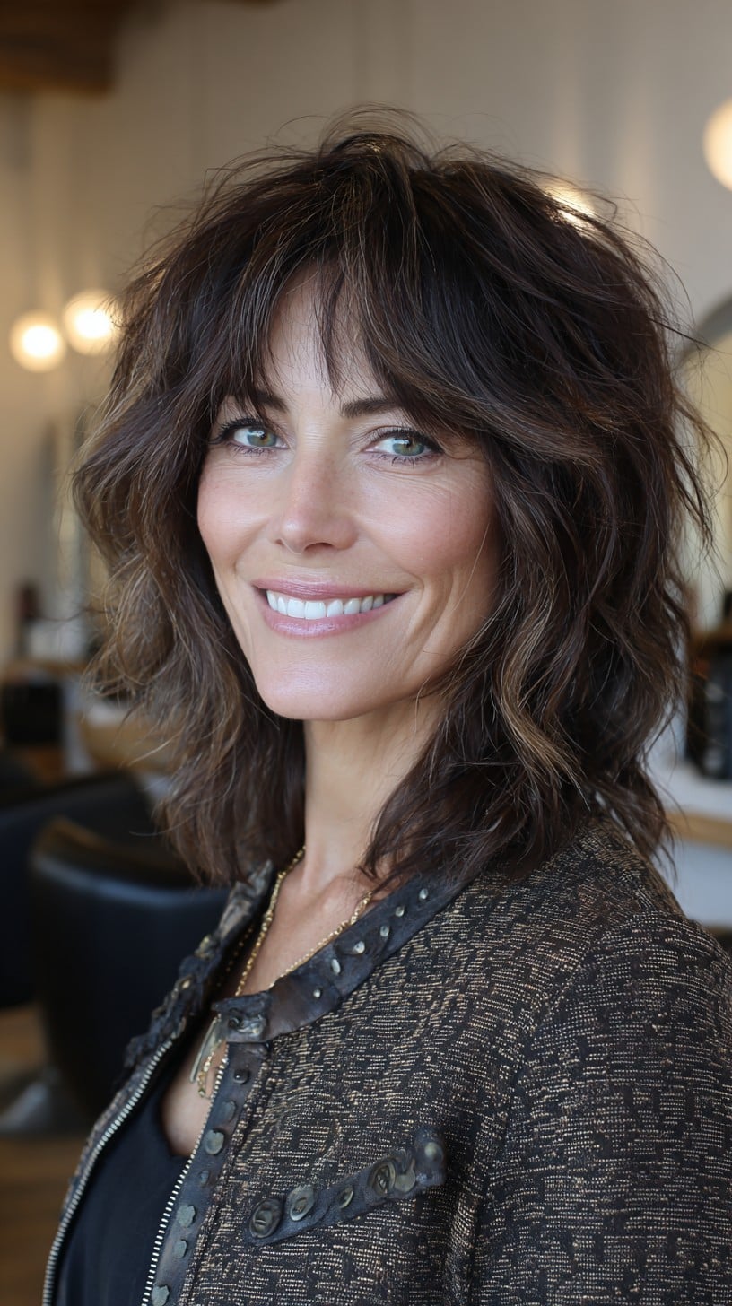 Chestnut Mid-Length Shag with Razor-Textured Curtain Fringe