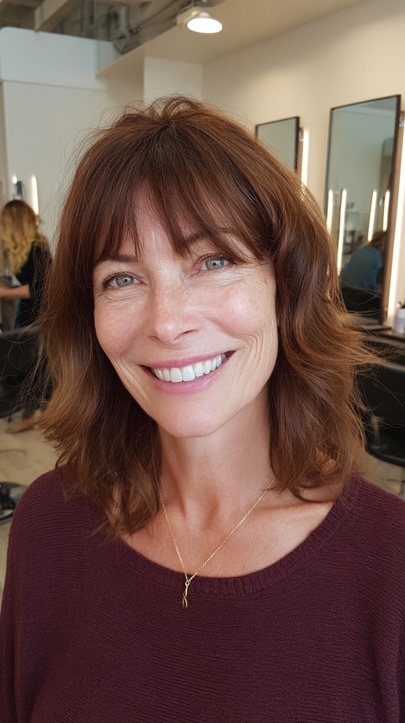 Chestnut Shoulder-Length Shag with Airy Crown Layers and Wispy Fringe