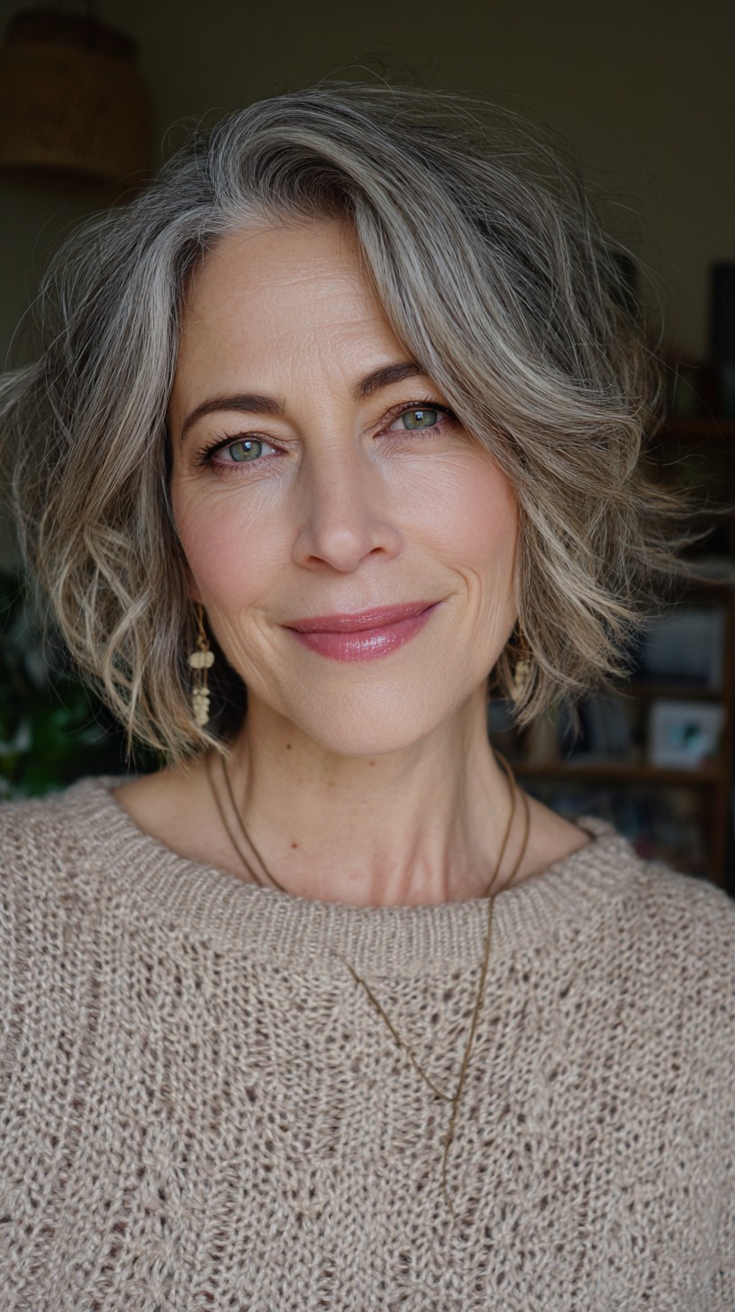 Chin-Length Salt-and-Pepper Textured Bob with Soft Side Part