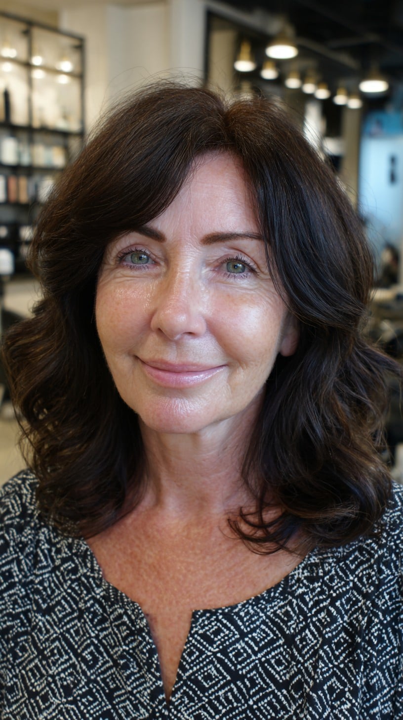 Chocolate Root-Lifted Medium Shag with Diagonal Face‑Framing Layers