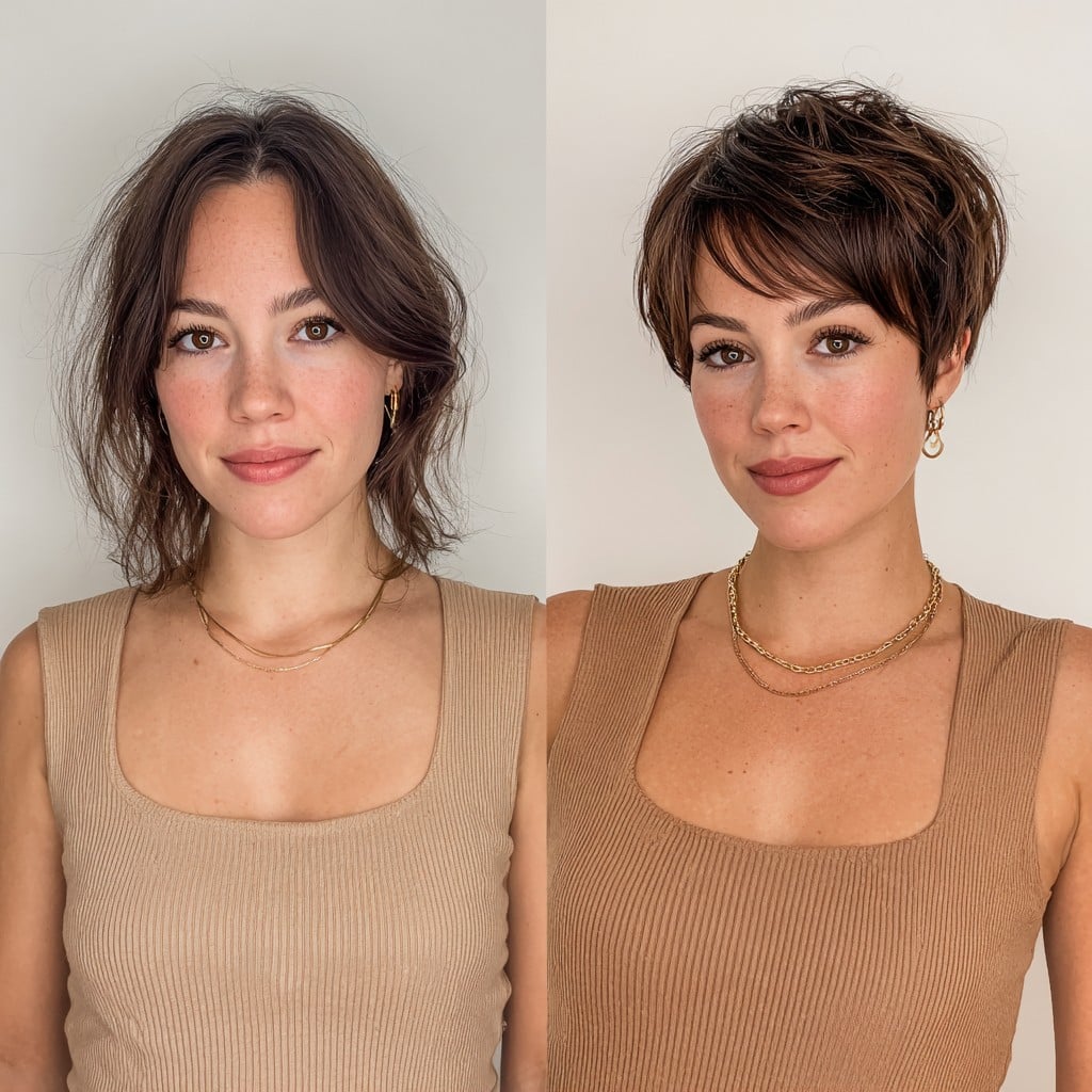 Chocolate Textured Pixie with Soft Side Fringe and Tapered Nape