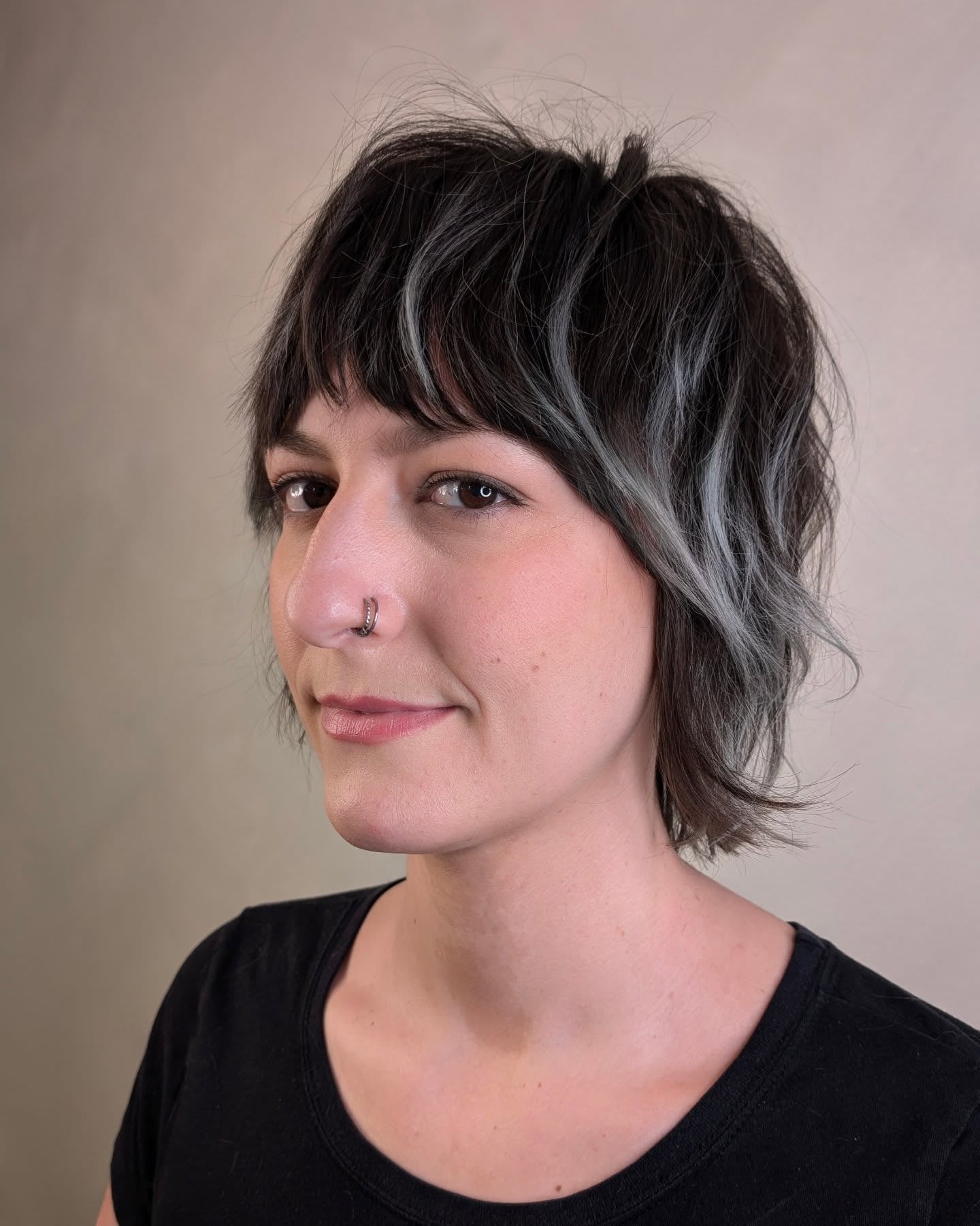Choppy Ash-Pewter Streaked Jaw-Length Bob with Short Fringe