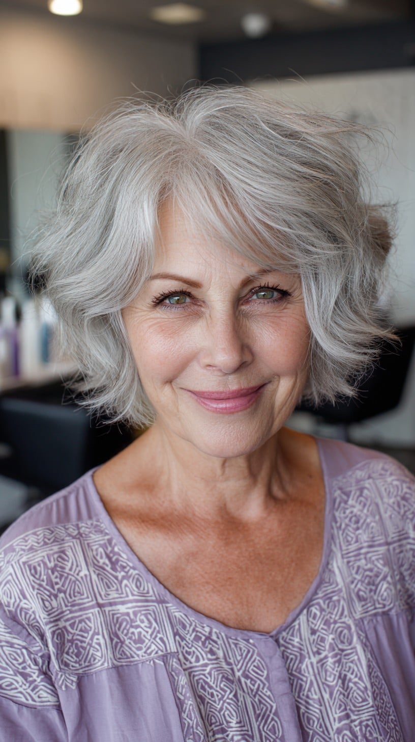 Choppy Silver Shag Bob with Root Lift and Feathered Curtain