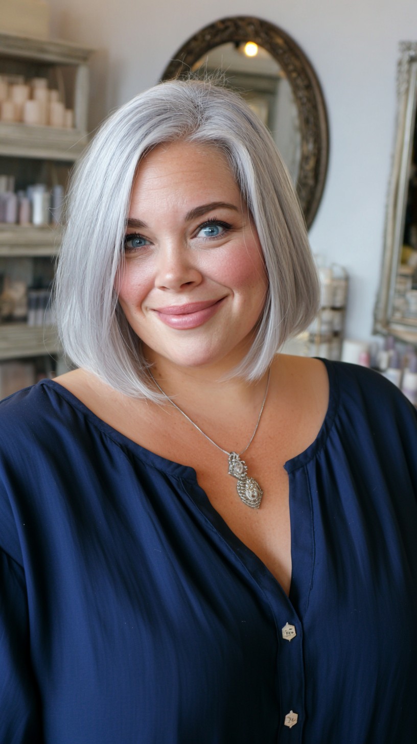 Cool Silver Rounded Bob with Face‑Framing Graduation