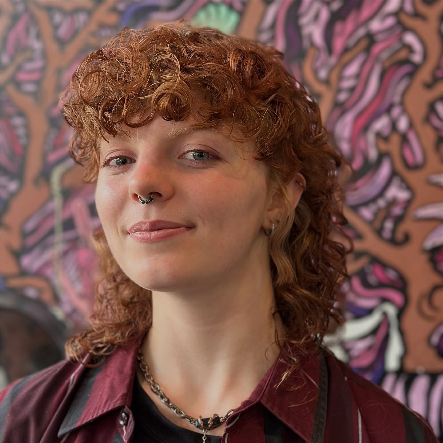 Copper Curly Layered Mullet with Micro Fringe and Crown Stack