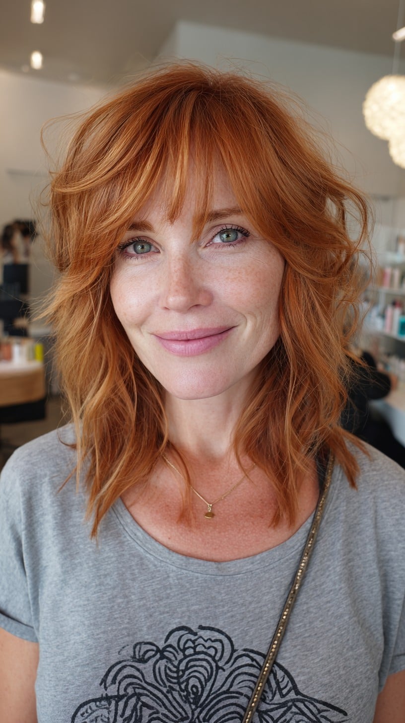 Copper Feathered Medium Shag with Soft Curtain Micro-Bangs