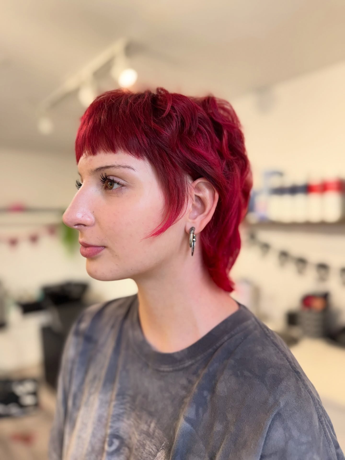Cropped Cherry-Red Feathered Mullet with Micro Blunt Fringe