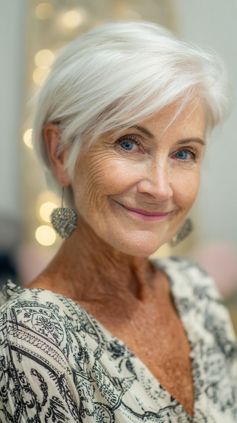 Cropped Pearl-White Bixie with Diagonal Side-Swept Fringe