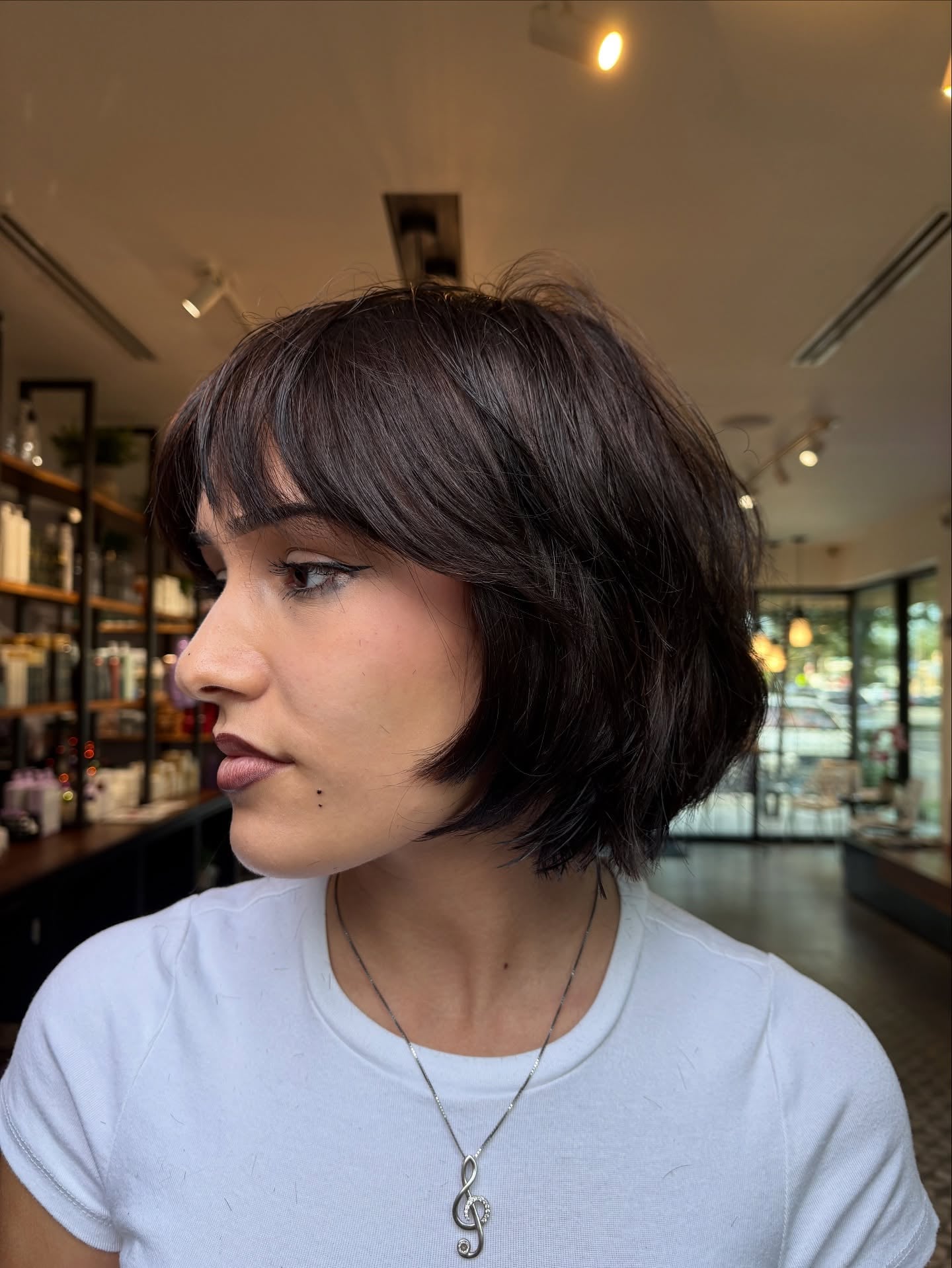 Deep Chocolate Textured Chin-Grazing Bob with Soft Blunt Bangs