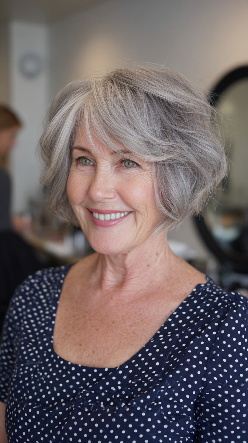 Dove-Gray Rounded Shag Bob with Soft Curtain Layers