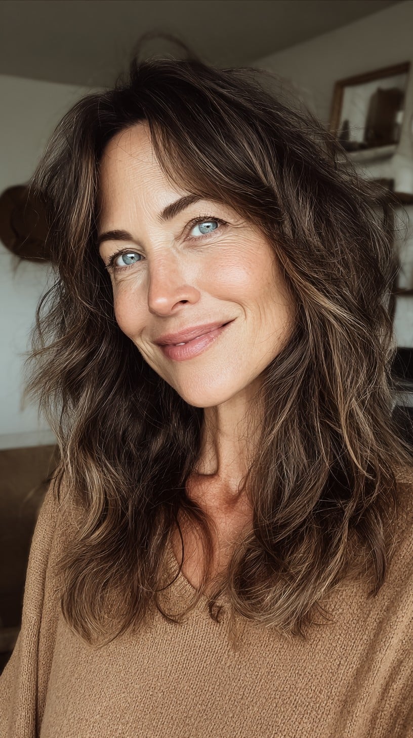Feathered Mid-Length Shag with Rooted Ash Balayage and Soft Curtain Lift