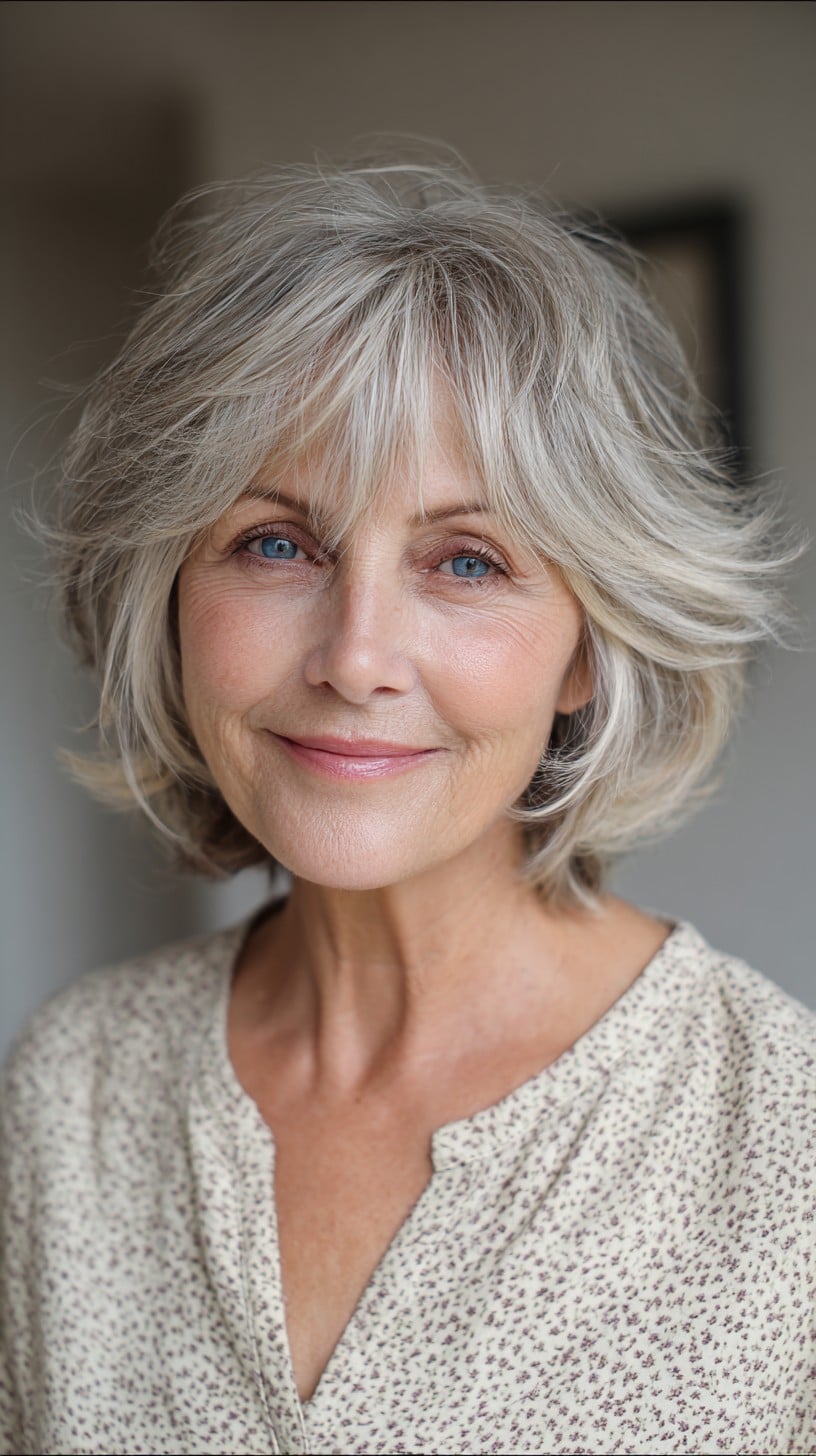 Feathered Silver Shag Bob with Airy Curtain Fringe