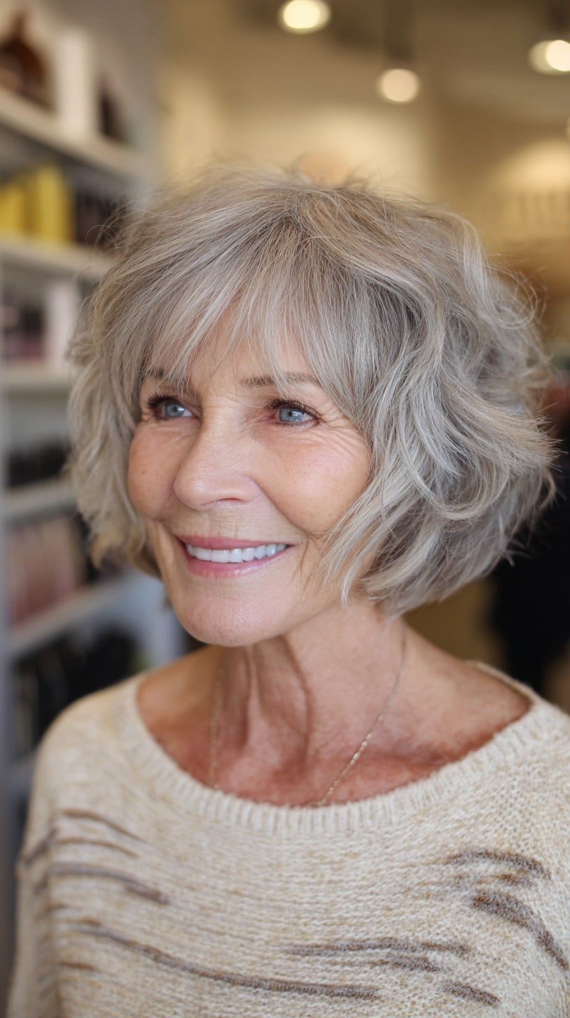 Feathered Silver Shag Bob with Chin-Length Layers and Wispy Curtain Bangs