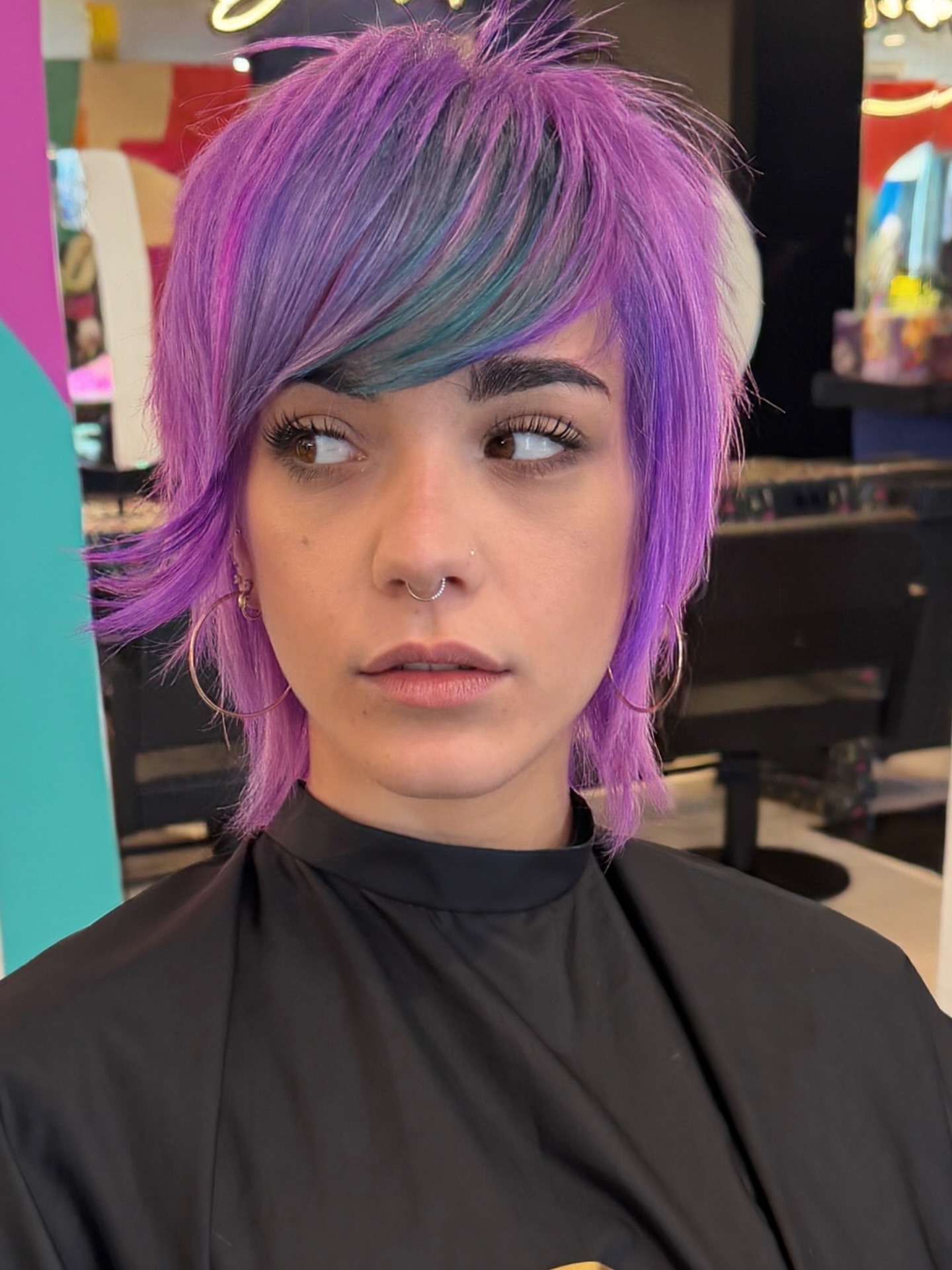 Iridescent Short Layered Mullet with Teal Peekaboo Fringe