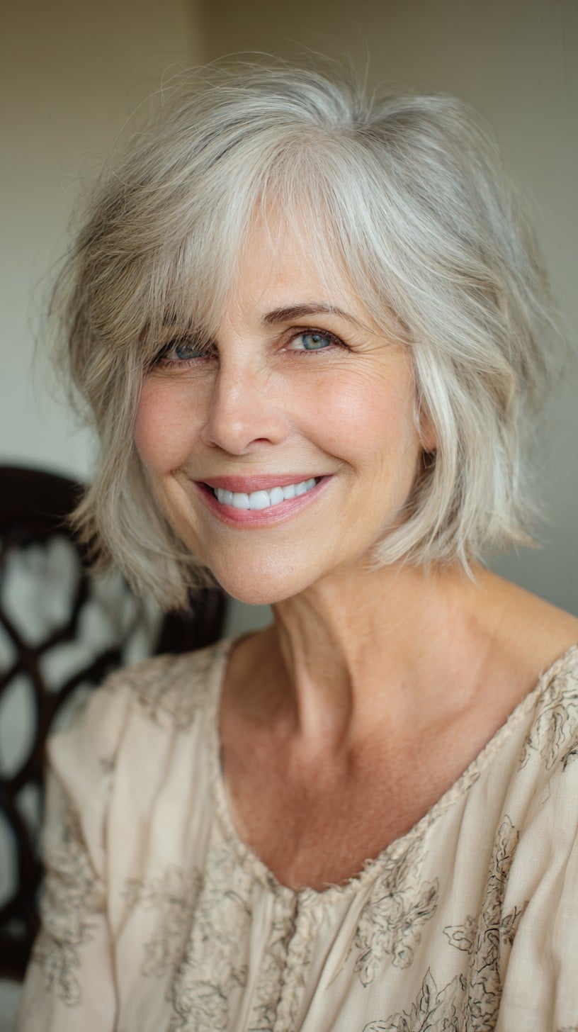 Ivory Feathered Shag Bob with Wispy Side Fringe