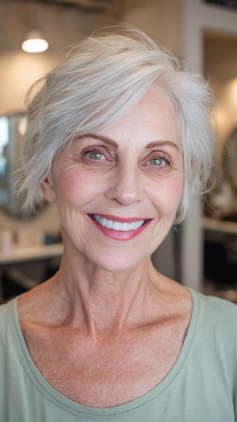 Light Silver Feathered Bixie with Side-Parted Fringe