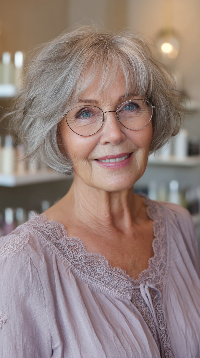 Light Silver Short Shag Bob with Rounded Ends and Wispy Bangs