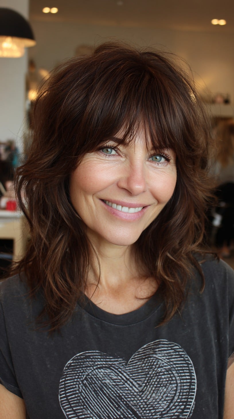 Medium Shag with Brow‑Skimming Fringe and Interior Razor‑Sliced Layers