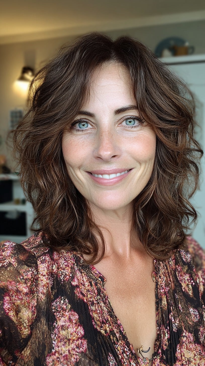 Natural Chestnut Mid-Length Shag with Crown-Lifted Layers