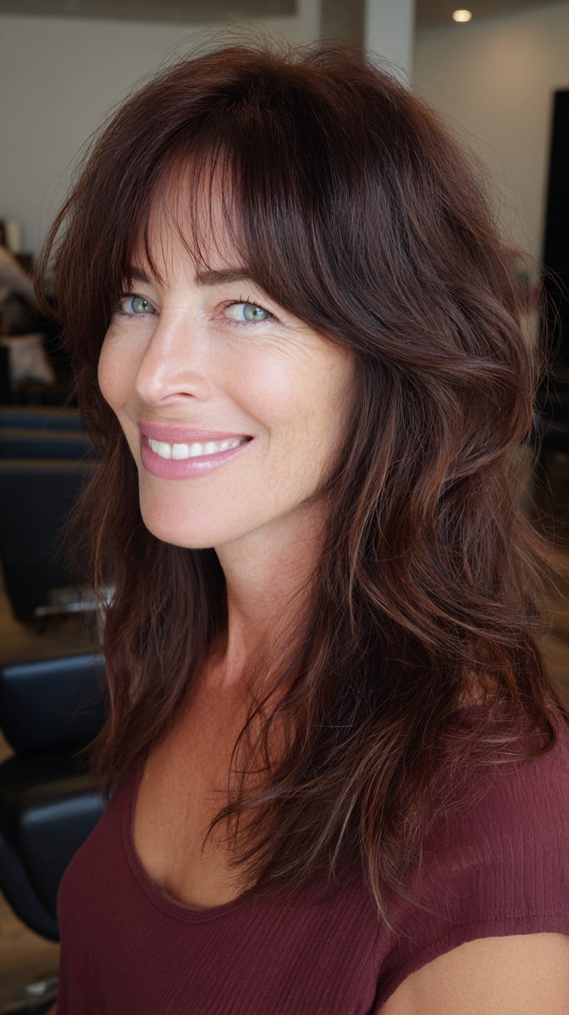 Natural Rooted Chocolate Mid-Length Shag with Feathered Face-Framing Fringe
