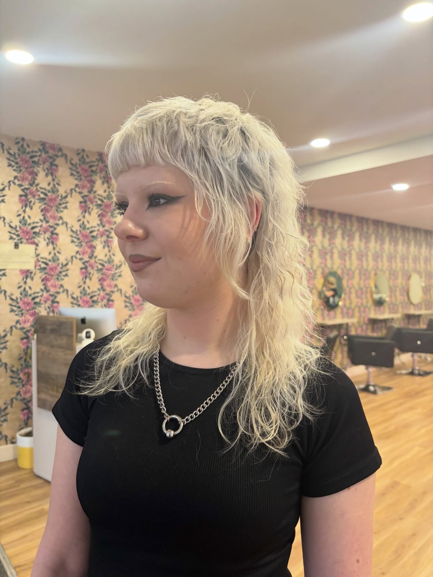 Platinum Textured Mullet with Mini Blunt Fringe and Disconnected Nape