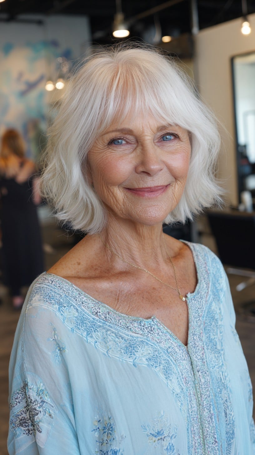 Porcelain Layered Shag Bob with Wispy Curtain Fringe