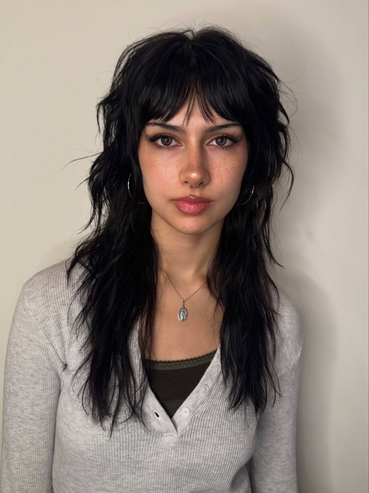 Razor-Textured Black Shag Mullet with Wispy Curtain Fringe