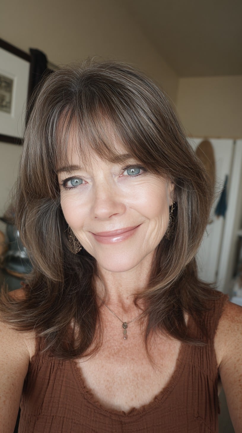 Root-Softened Ash Brown Shoulder-Length Shag with Wispy Curtain Bangs