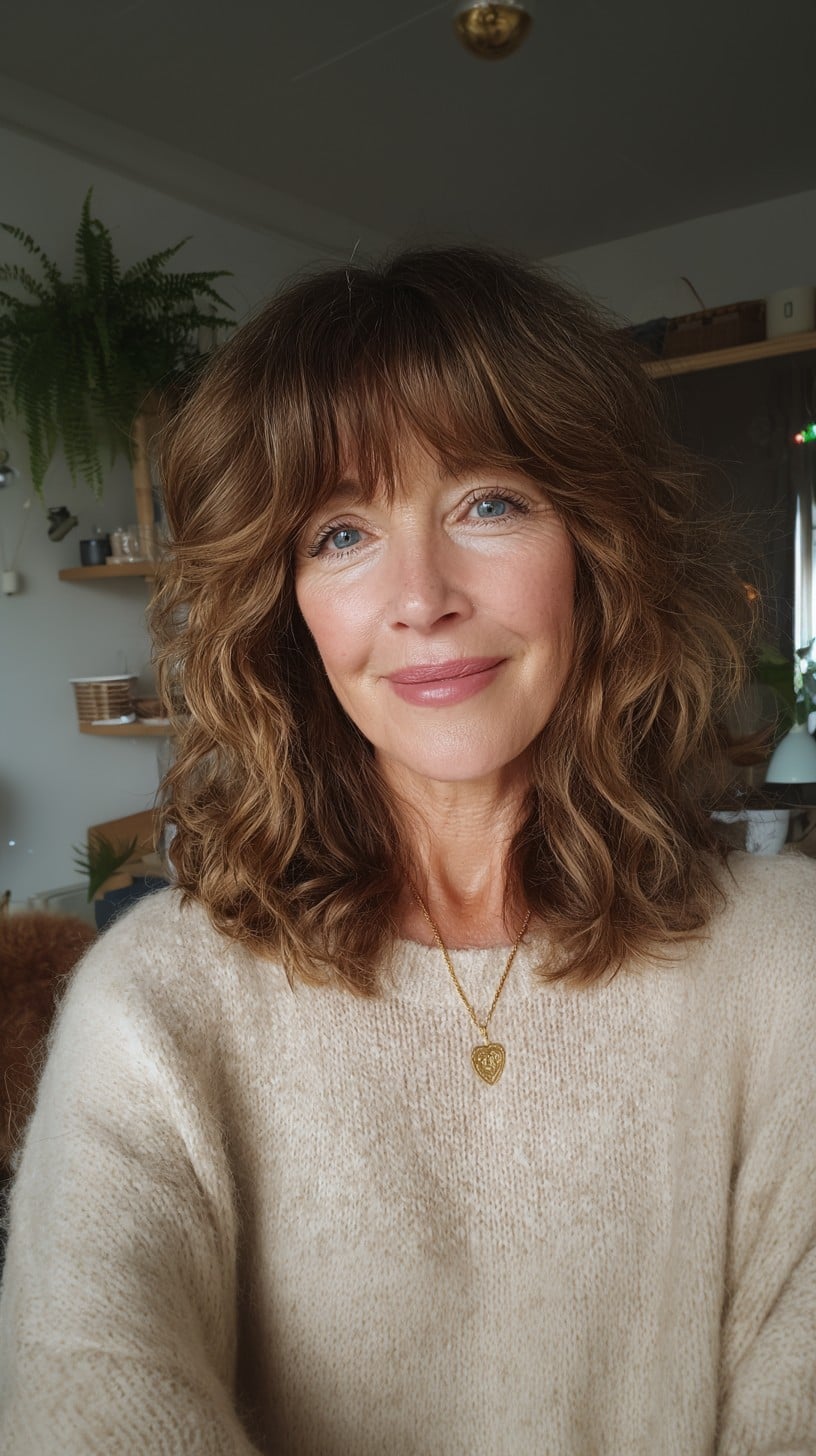 Rooted Chestnut Shoulder-Length Shag with Textured Curtain Fringe