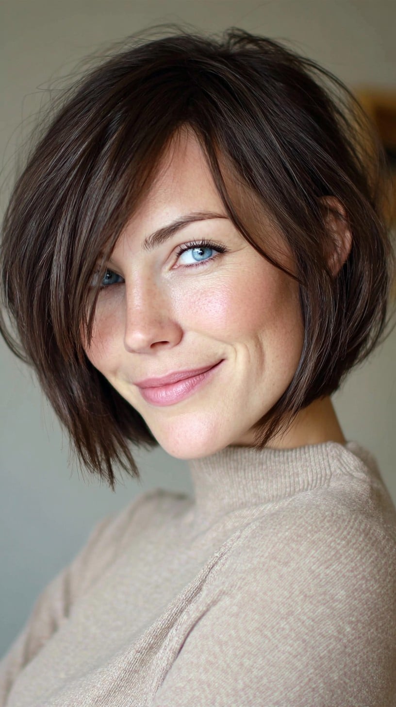 Rounded Chin-Grazing Layered Bob with Side-Swept Fringe