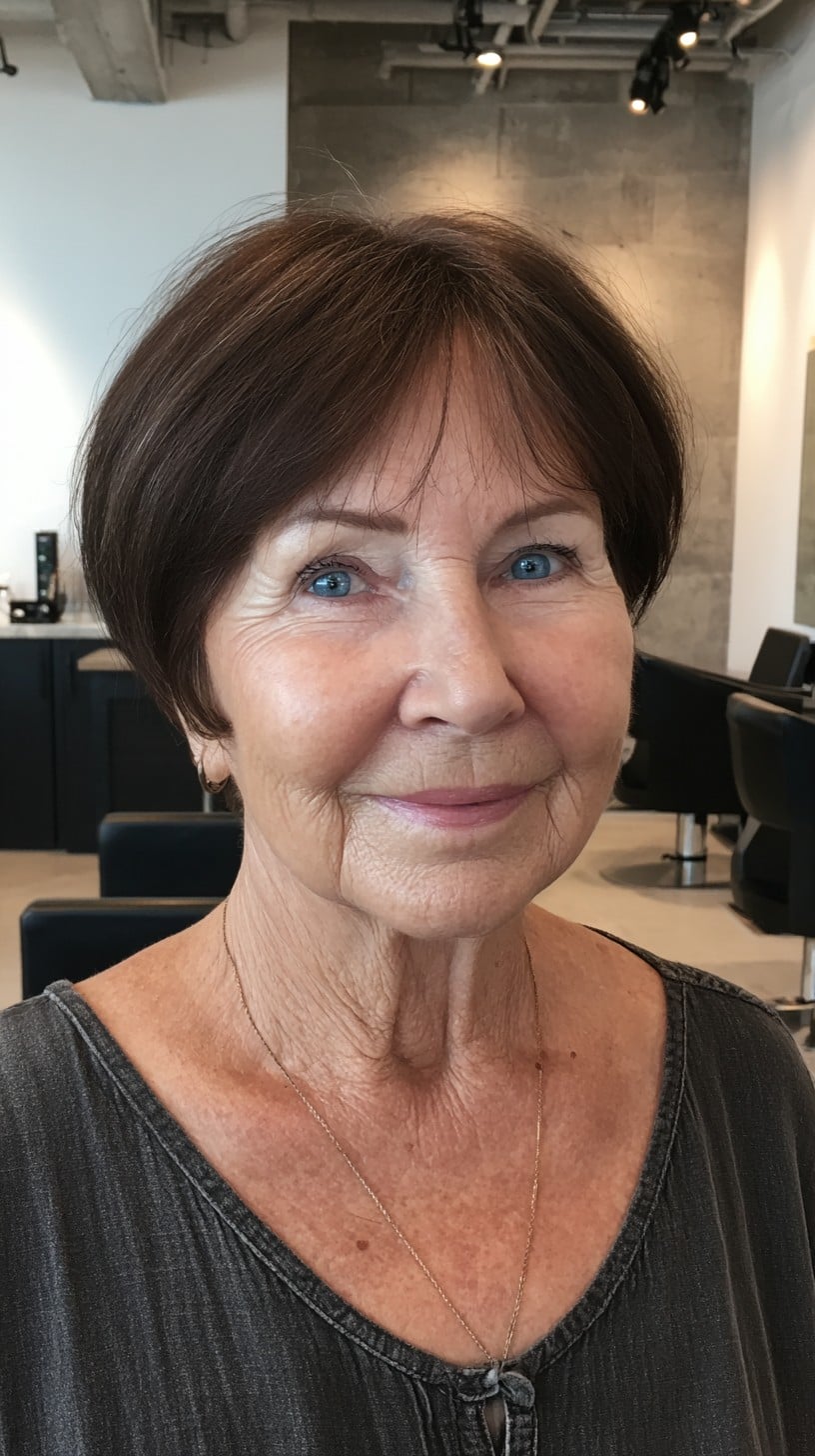 Rounded Warm Brown Bixie with Wispy Center-Part Fringe
