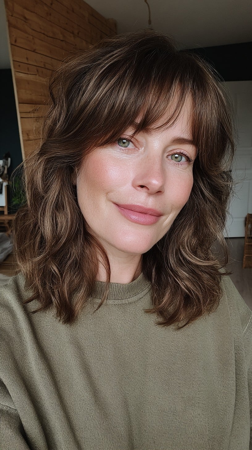 Shaggy Shoulder-Length Cut with Brow-Skimming Feathered Fringe