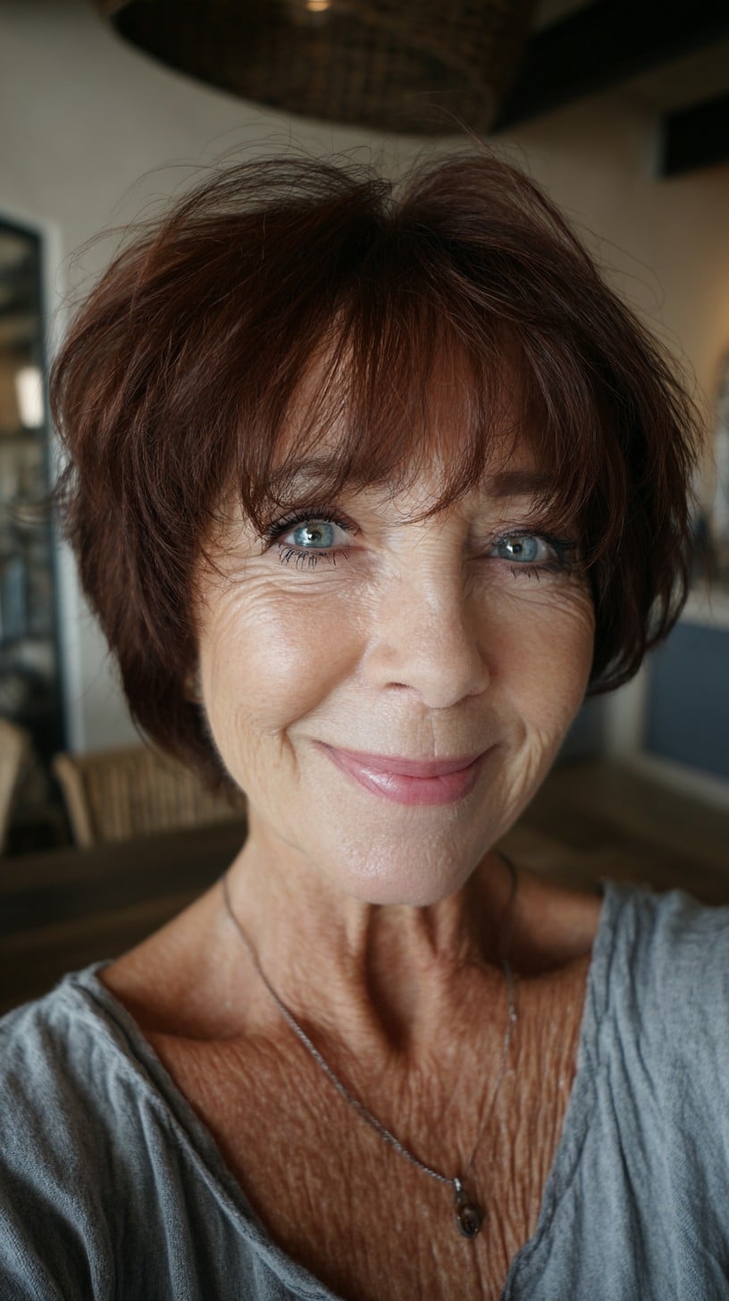 Short Warm Brunette Bixie with Razor-Textured Fringe and Natural Crown Lift