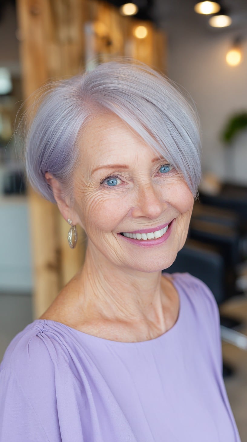 Soft Ash-Lilac Side-Swept Bixie with Nape Stacking