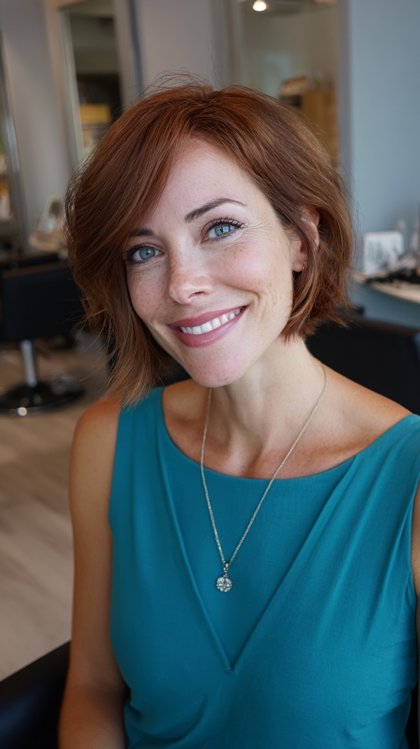 Soft Copper Textured Chin-Length Bob with Side-Swept Layers