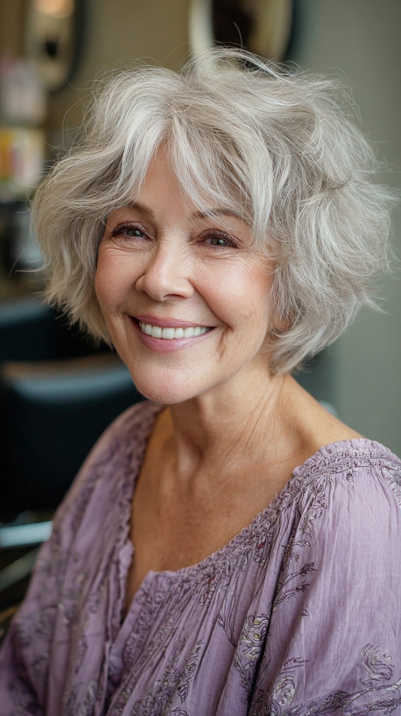 Soft Layered Silver Shag with Feathered Curtain Fringe