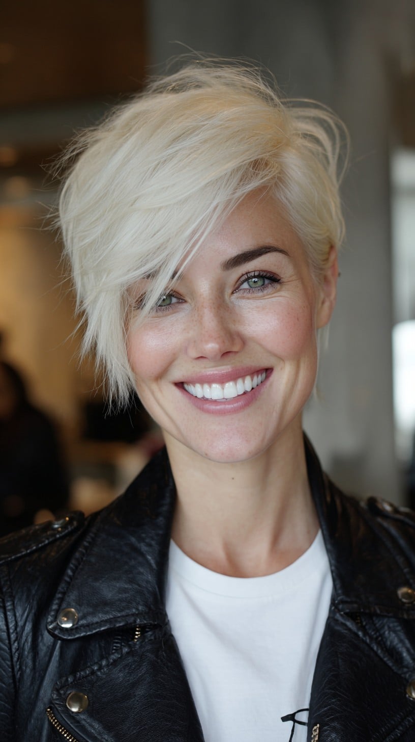 Soft Platinum Asymmetrical Pixie with Long Side Sweep