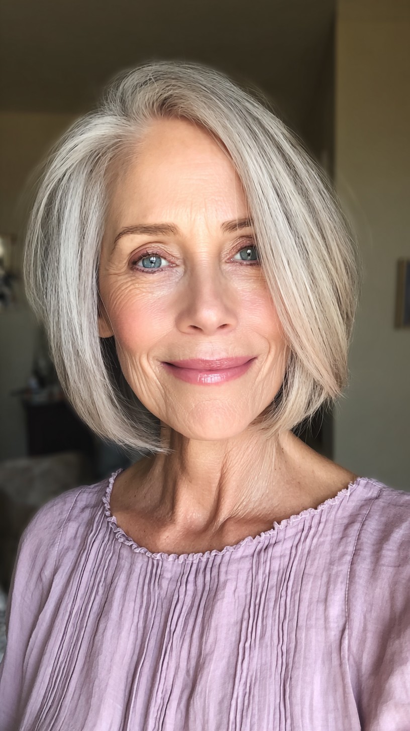 Soft Silver Angled Chin-Length Bob with Face-Framing Layers