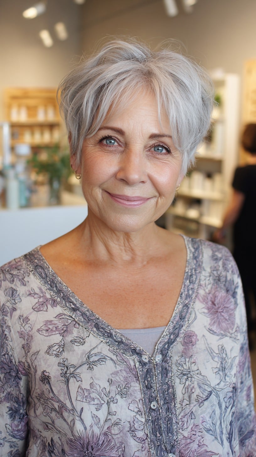 Soft Silver Bixie with Lifted Crown and Center-Split Fringe