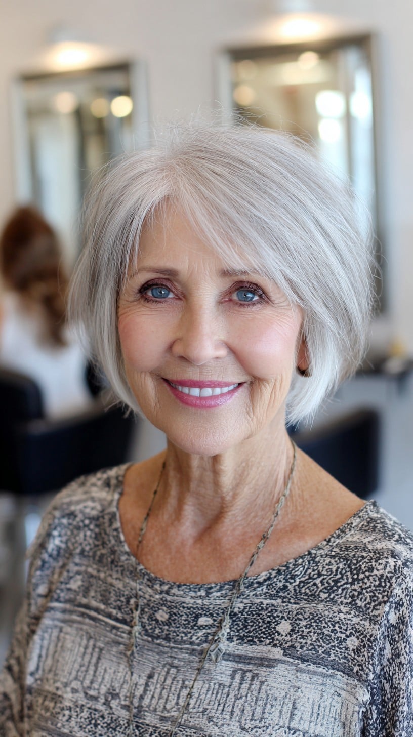 Soft Silver Chin-Length Bixie with Feathered Face-Framing Layers