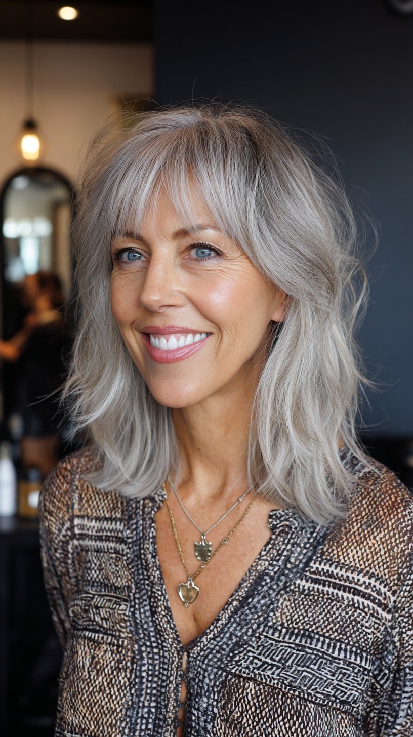 Soft Silver Medium Shag with Face‑Framing Curtain Bangs
