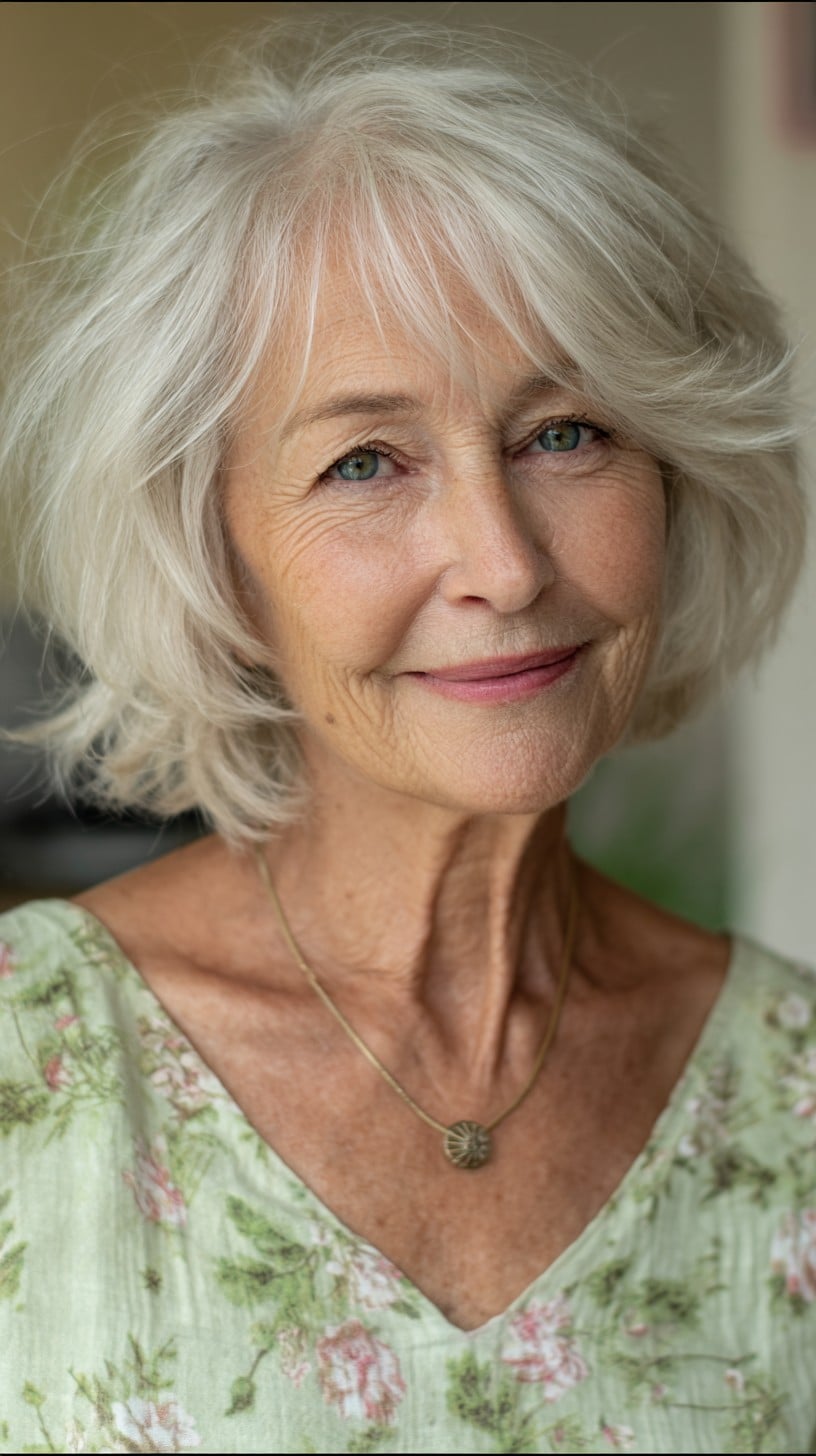 Soft Silver Shag Bob with Side-Swept Fringe