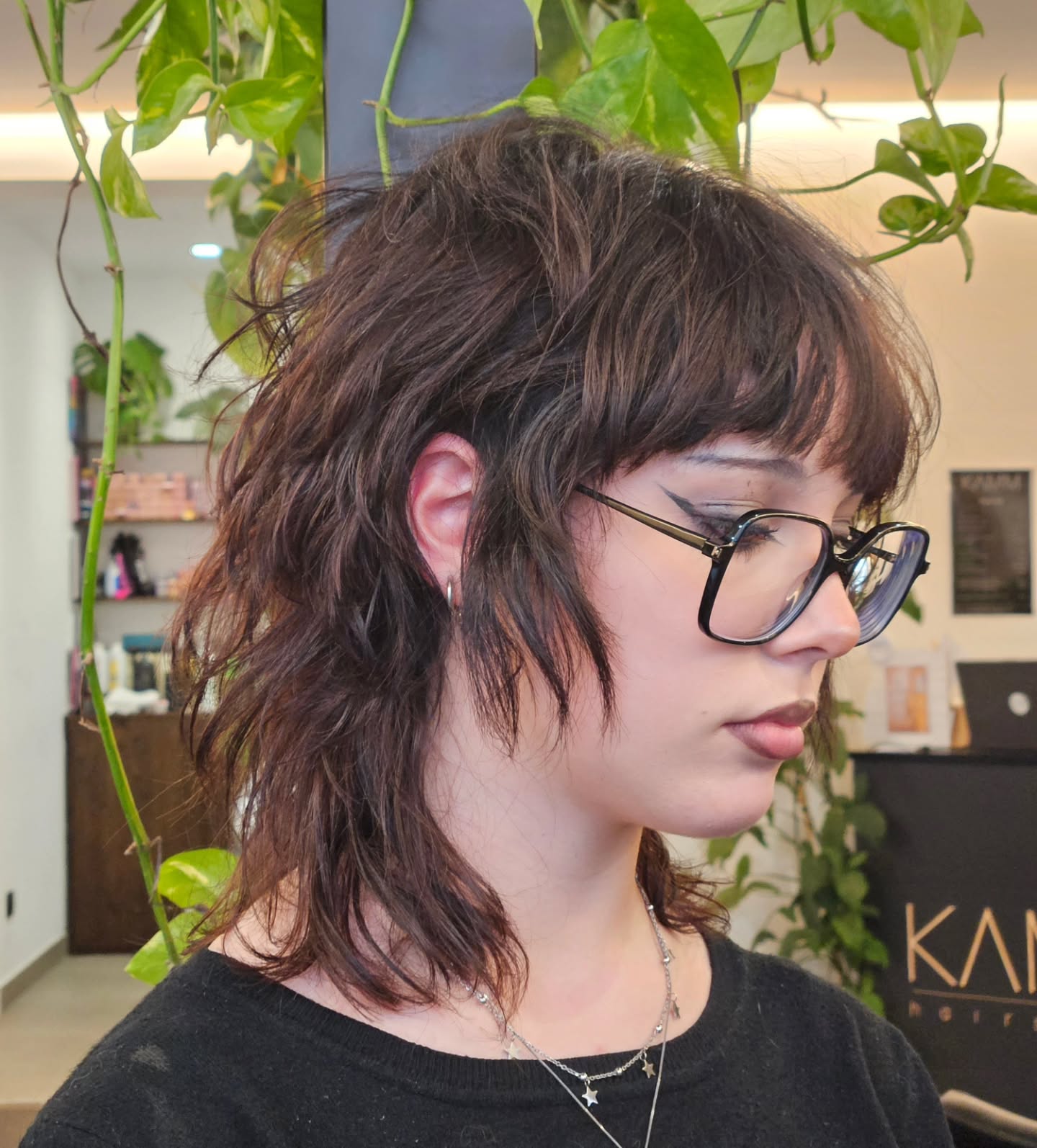 Glasses-Friendly Textured Shag Mullet with Short Blunt Fringe
