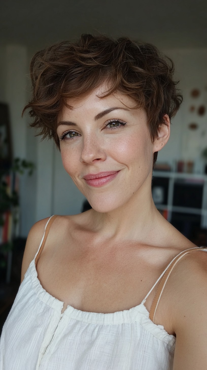 Soft Tousled Wavy Pixie with Feathered Fringe and Tapered Nape