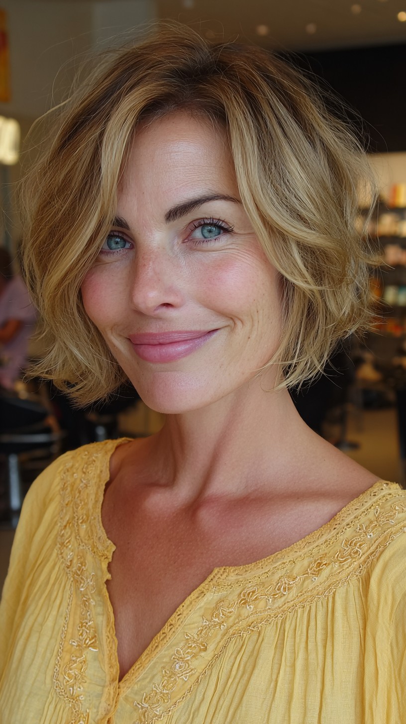 Sunlit Textured Short Bob with Face‑Framing Curtain Layers
