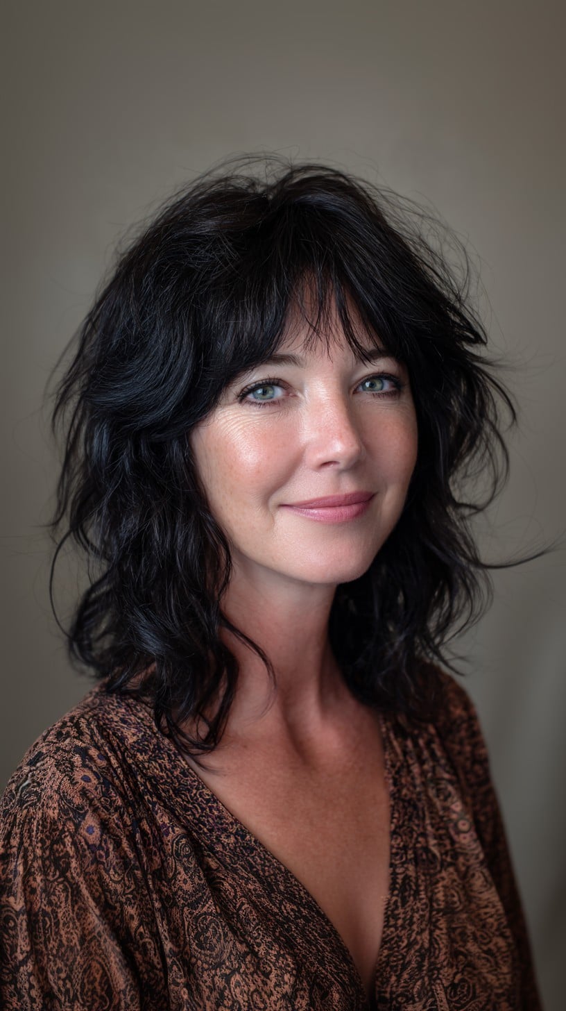 Textured Black Medium Shag with Wispy Curtain Fringe